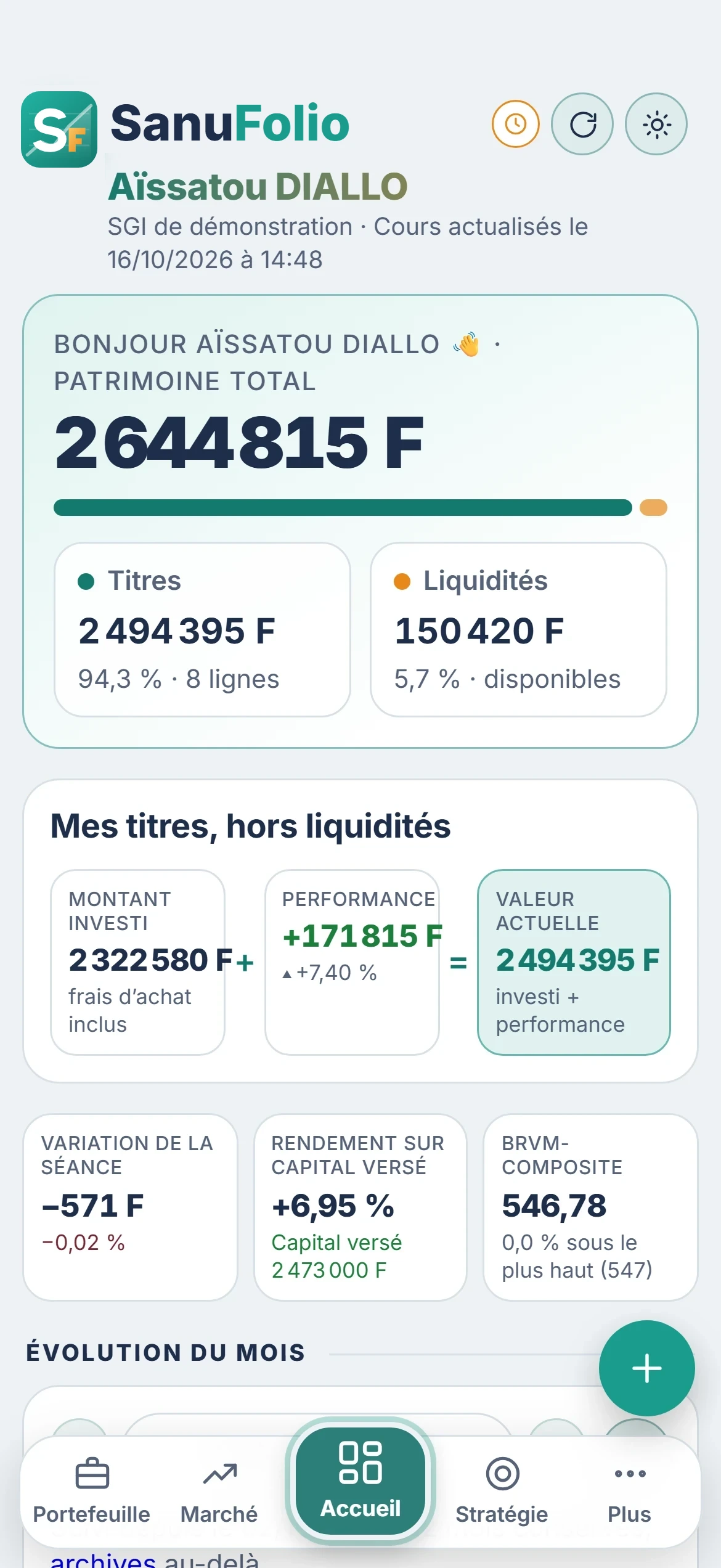 Page d'accueil de SanuFolio sur mobile : patrimoine total, titres, liquidités et évolution du mois