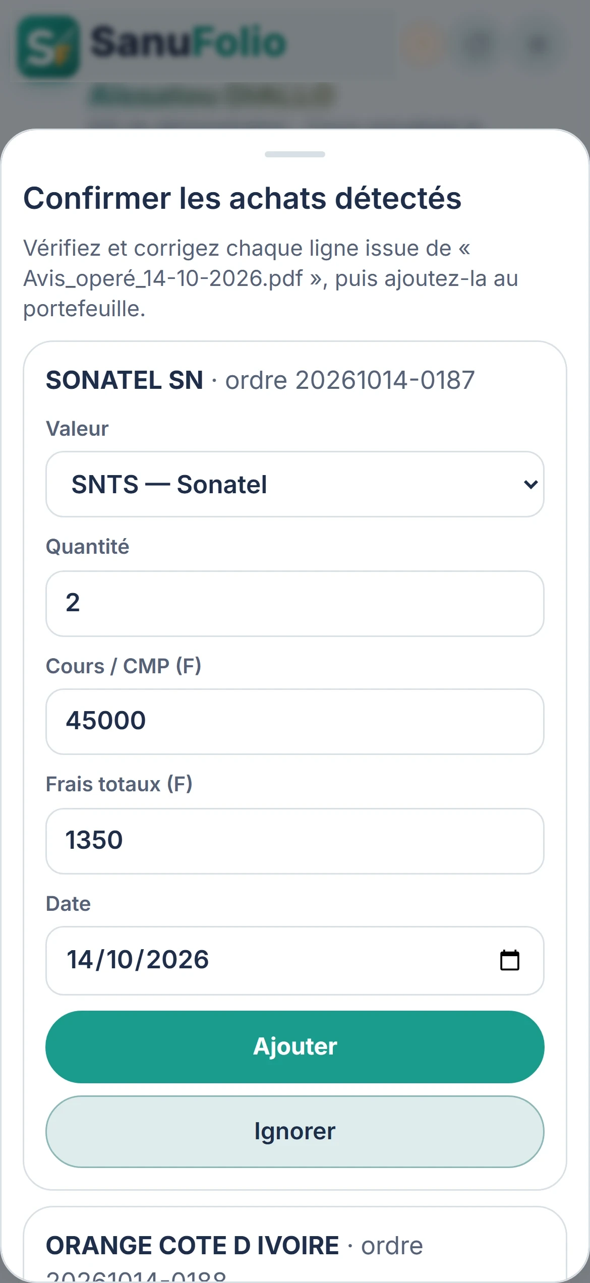 Écran « Confirmer les achats détectés » de SanuFolio : valeur, quantité, cours, frais et date déjà remplis