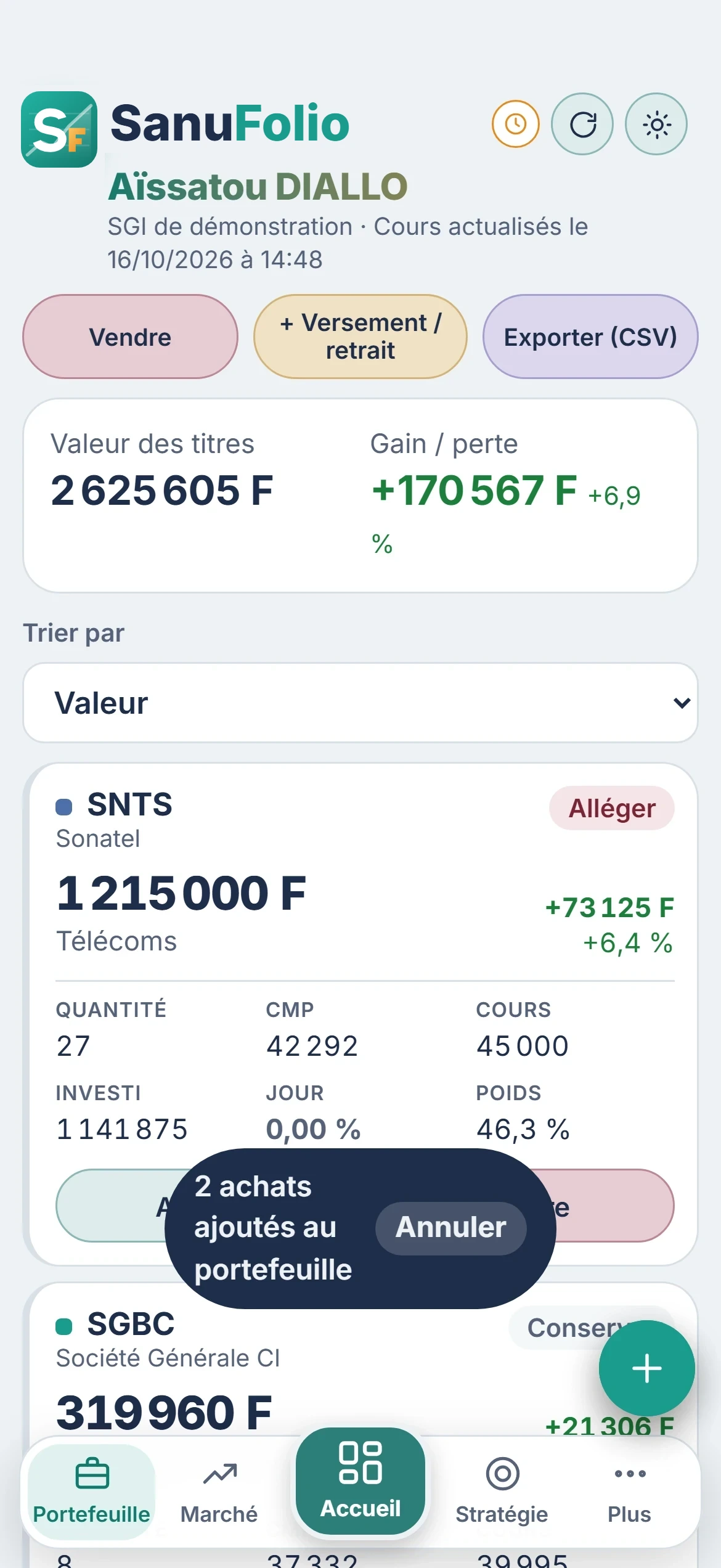 Portefeuille de SanuFolio après l'ajout : « 2 achats ajoutés au portefeuille »