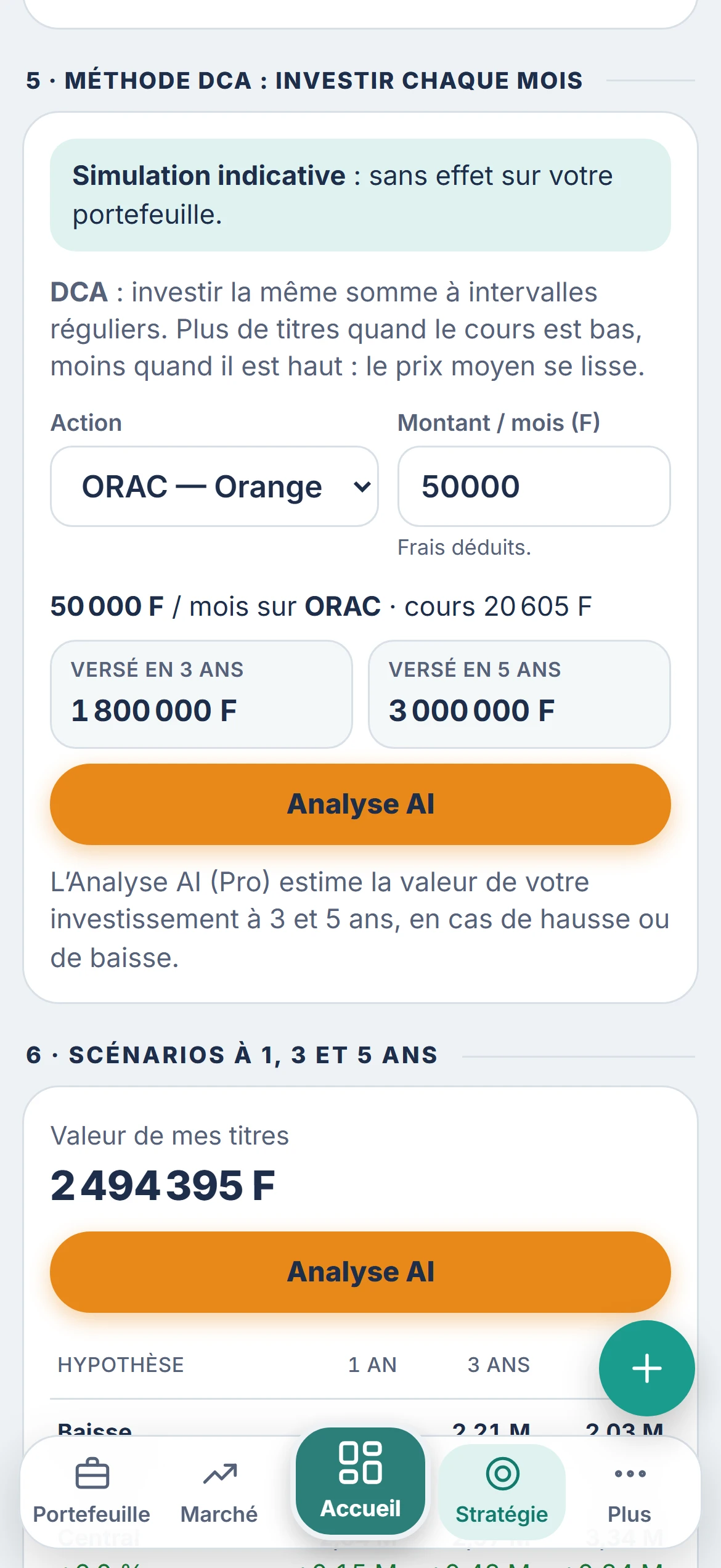 Méthode DCA dans SanuFolio : action, montant mensuel et bouton Analyse AI